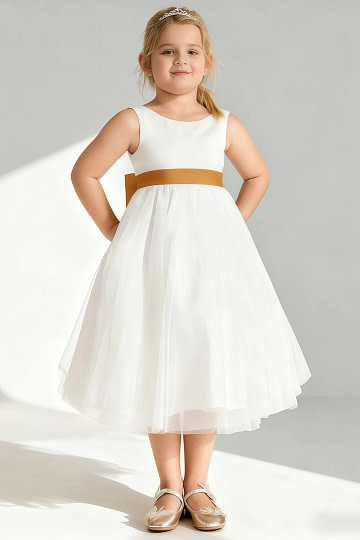Akaks Blythe Flower Girl Dress Butterscotch A-Line Scoop Neck Tea Length Tulle Dress with Detachable Bow Image585832