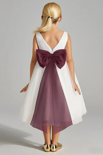 Akaks Blythe Flower Girl Dress Cabernet A-Line Scoop Neck Tea Length Tulle Dress with Detachable Bow Image762665