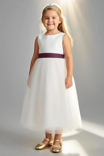 Akaks Blythe Flower Girl Dress Cabernet A-Line Scoop Neck Tea Length Tulle Dress with Detachable Bow Image954847