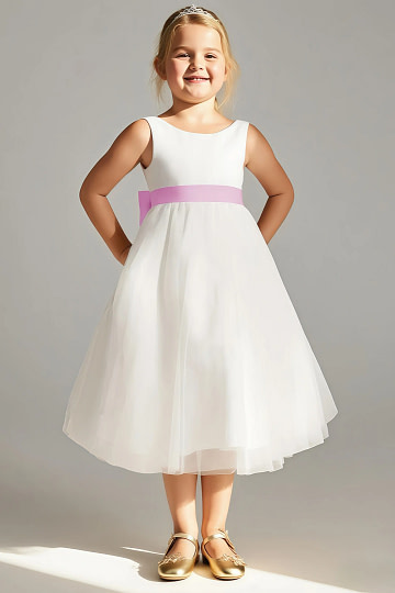 Akaks Blythe Flower Girl Dress Candy Pink A-Line Scoop Neck Tea Length Tulle Dress with Detachable Bow Image150721