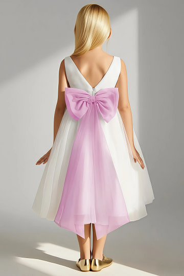 Akaks Blythe Flower Girl Dress Candy Pink A-Line Scoop Neck Tea Length Tulle Dress with Detachable Bow Image168794