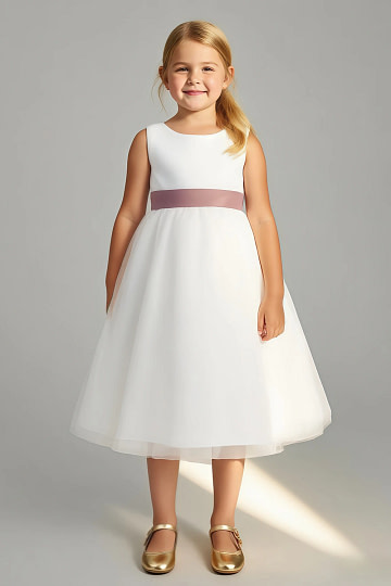 Akaks Blythe Flower Girl Dress Cedar Rose A-Line Scoop Neck Tea Length Tulle Dress with Detachable Bow Image248185