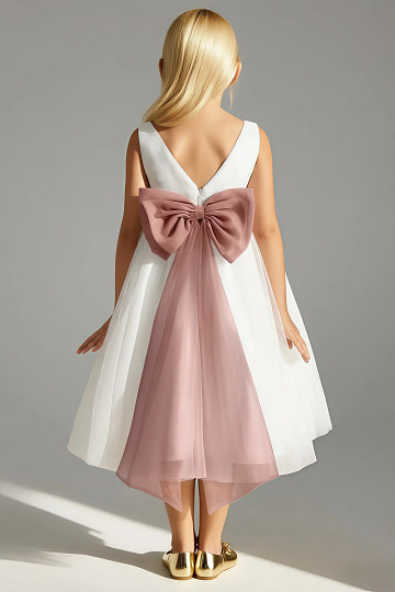 Akaks Blythe Flower Girl Dress Cedar Rose A-Line Scoop Neck Tea Length Tulle Dress with Detachable Bow Image465427