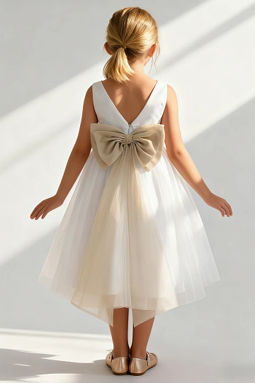 Akaks Blythe Flower Girl Dress Champagne A-Line Scoop Neck Tea Length Tulle Dress with Detachable Bow Image514042