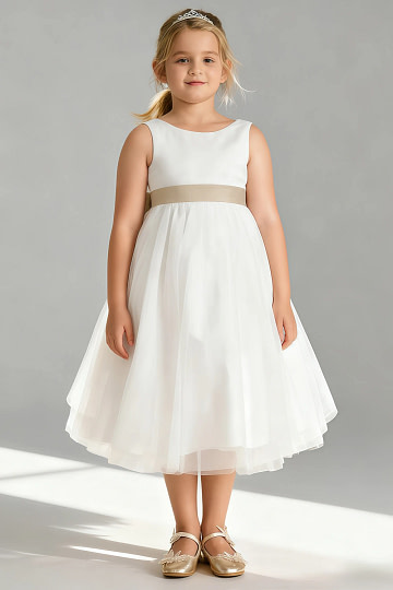Akaks Blythe Flower Girl Dress Champagne A-Line Scoop Neck Tea Length Tulle Dress with Detachable Bow Image518130