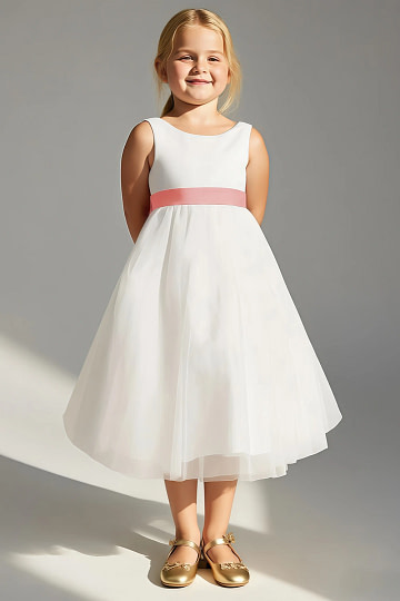 Akaks Blythe Flower Girl Dress Coral A-Line Scoop Neck Tea Length Tulle Dress with Detachable Bow Image170183