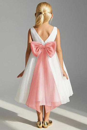 Akaks Blythe Flower Girl Dress Coral A-Line Scoop Neck Tea Length Tulle Dress with Detachable Bow Image920303