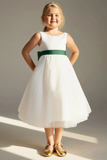 Akaks Blythe Flower Girl Dress Dark Green A-Line Scoop Neck Tea Length Tulle Dress with Detachable Bow Image582727