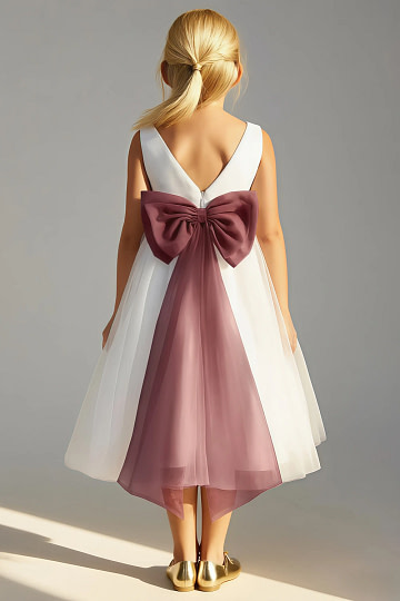 Akaks Blythe Flower Girl Dress Desert Rose A-Line Scoop Neck Tea Length Tulle Dress with Detachable Bow Image273738