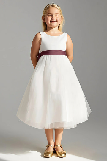 Akaks Blythe Flower Girl Dress Desert Rose A-Line Scoop Neck Tea Length Tulle Dress with Detachable Bow Image429707