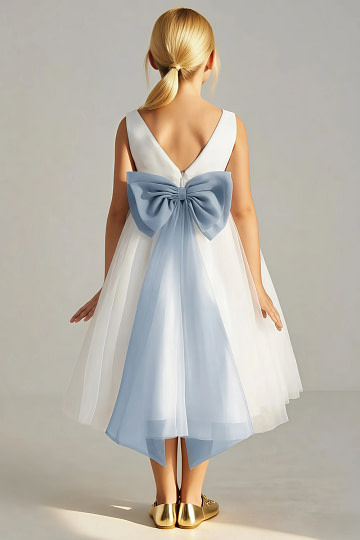 Akaks Blythe Flower Girl Dress Dusty Blue A-Line Scoop Neck Tea Length Tulle Dress with Detachable Bow Image458711
