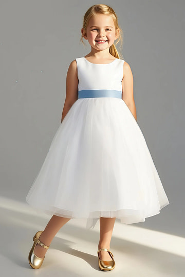 Akaks Blythe Flower Girl Dress Dusty Blue A-Line Scoop Neck Tea Length Tulle Dress with Detachable Bow Image733288