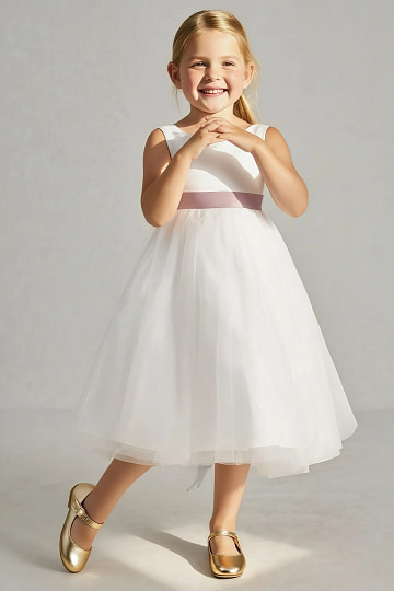 Akaks Blythe Flower Girl Dress Dusty Rose A-Line Scoop Neck Tea Length Tulle Dress with Detachable Bow Image374290