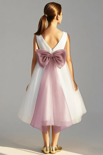 Akaks Blythe Flower Girl Dress Dusty Rose A-Line Scoop Neck Tea Length Tulle Dress with Detachable Bow Image674957