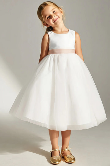 Akaks Blythe Flower Girl Dress English Rose A-Line Scoop Neck Tea Length Tulle Dress with Detachable Bow Image172558