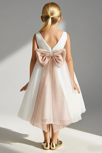 Akaks Blythe Flower Girl Dress English Rose A-Line Scoop Neck Tea Length Tulle Dress with Detachable Bow Image314036