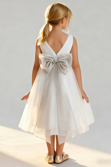 Akaks Blythe Flower Girl Dress Frost A-Line Scoop Neck Tea Length Tulle Dress with Detachable Bow Image479994