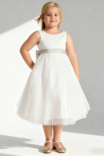 Akaks Blythe Flower Girl Dress Frost A-Line Scoop Neck Tea Length Tulle Dress with Detachable Bow Image512393