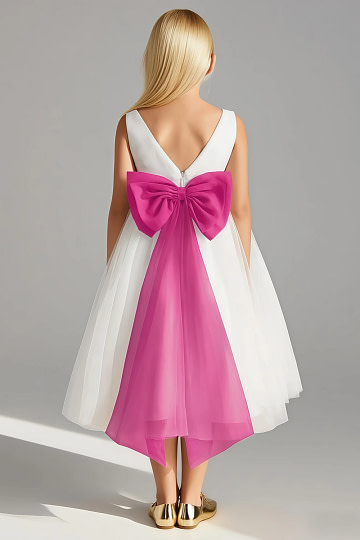 Akaks Blythe Flower Girl Dress Fuchsia A-Line Scoop Neck Tea Length Tulle Dress with Detachable Bow Image948037