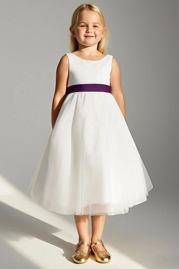 Akaks Blythe Flower Girl Dress Grape A-Line Scoop Neck Tea Length Tulle Dress with Detachable Bow Image248409