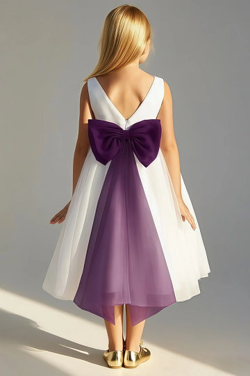 Akaks Blythe Flower Girl Dress Grape A-Line Scoop Neck Tea Length Tulle Dress with Detachable Bow Image385272