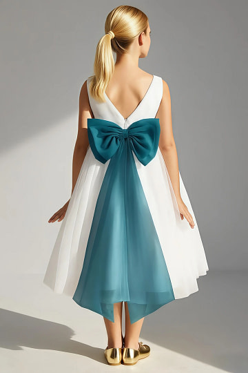 Akaks Blythe Flower Girl Dress Ink Blue A-Line Scoop Neck Tea Length Tulle Dress with Detachable Bow Image547444