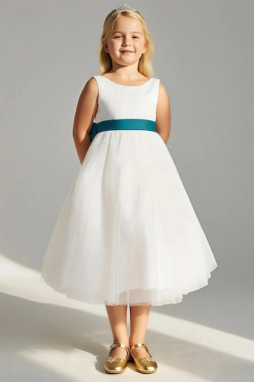 Akaks Blythe Flower Girl Dress Ink Blue A-Line Scoop Neck Tea Length Tulle Dress with Detachable Bow Image994018