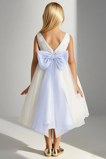 Akaks Blythe Flower Girl Dress Lavender A-Line Scoop Neck Tea Length Tulle Dress with Detachable Bow Image848019