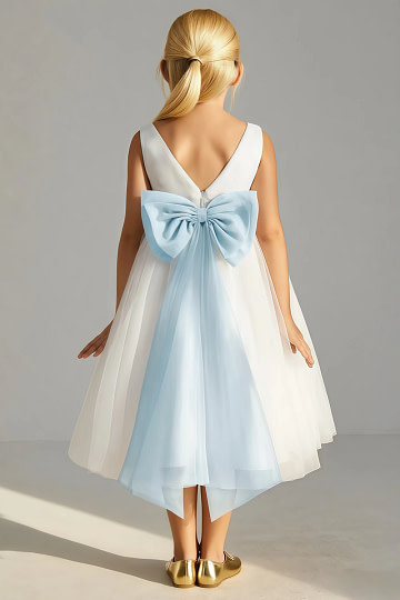 Akaks Blythe Flower Girl Dress Light Blue A-Line Scoop Neck Tea Length Tulle Dress with Detachable Bow Image341806