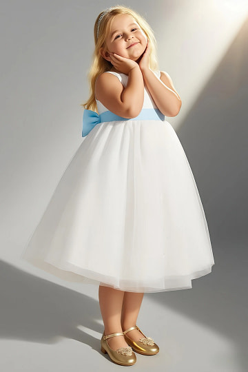 Akaks Blythe Flower Girl Dress Light Blue A-Line Scoop Neck Tea Length Tulle Dress with Detachable Bow Image963892