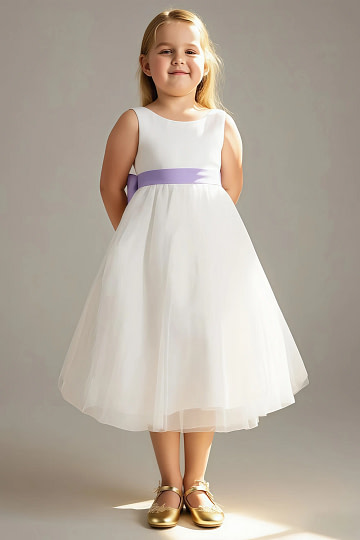 Akaks Blythe Flower Girl Dress Lilac A-Line Scoop Neck Tea Length Tulle Dress with Detachable Bow Image211886