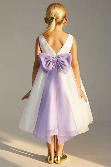 Akaks Blythe Flower Girl Dress Lilac A-Line Scoop Neck Tea Length Tulle Dress with Detachable Bow Image461972