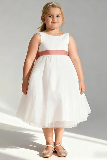 Akaks Blythe Flower Girl Dress Mai Tai A-Line Scoop Neck Tea Length Tulle Dress with Detachable Bow Image129133