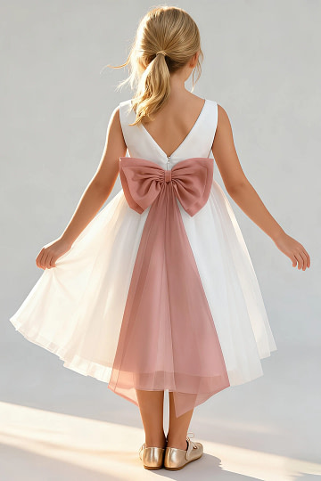 Akaks Blythe Flower Girl Dress Mai Tai A-Line Scoop Neck Tea Length Tulle Dress with Detachable Bow Image451946