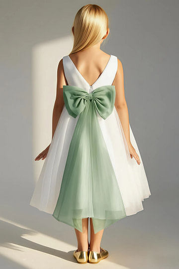Akaks Blythe Flower Girl Dress Matcha A-Line Scoop Neck Tea Length Tulle Dress with Detachable Bow Image198270