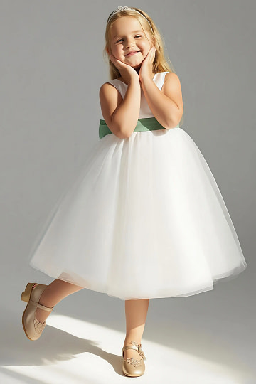 Akaks Blythe Flower Girl Dress Matcha A-Line Scoop Neck Tea Length Tulle Dress with Detachable Bow Image900161