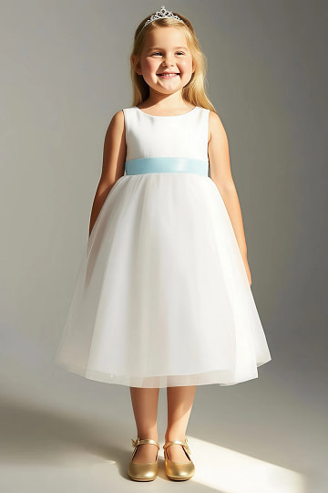Akaks Blythe Flower Girl Dress Mist Blue A-Line Scoop Neck Tea Length Tulle Dress with Detachable Bow Image135018