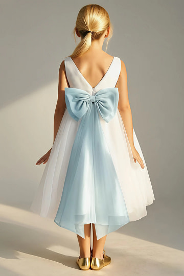 Akaks Blythe Flower Girl Dress Mist Blue A-Line Scoop Neck Tea Length Tulle Dress with Detachable Bow Image576605