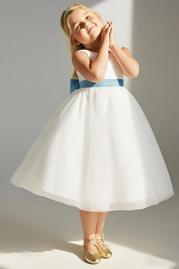 Akaks Blythe Flower Girl Dress Moody Blue A-Line Scoop Neck Tea Length Tulle Dress with Detachable Bow Image122235