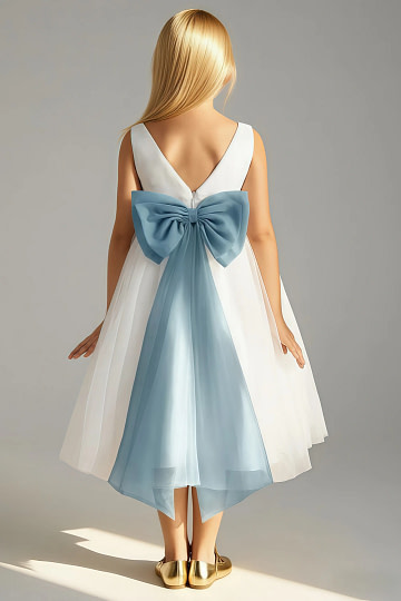 Akaks Blythe Flower Girl Dress Moody Blue A-Line Scoop Neck Tea Length Tulle Dress with Detachable Bow Image926603