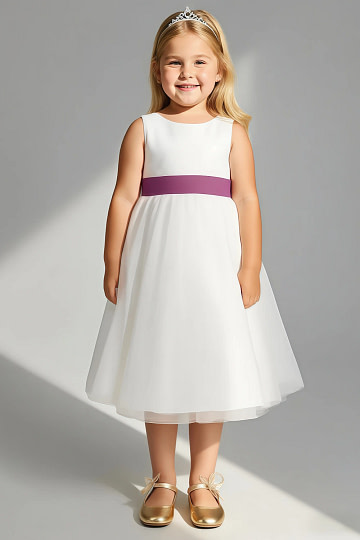 Akaks Blythe Flower Girl Dress Mulberry A-Line Scoop Neck Tea Length Tulle Dress with Detachable Bow Image753801