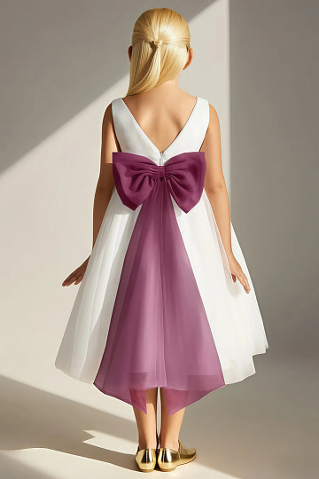 Akaks Blythe Flower Girl Dress Mulberry A-Line Scoop Neck Tea Length Tulle Dress with Detachable Bow Image911605