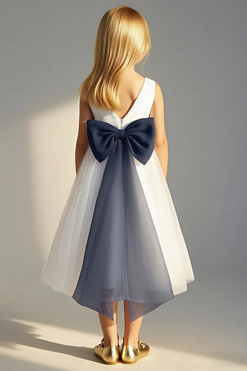Akaks Blythe Flower Girl Dress Navy A-Line Scoop Neck Tea Length Tulle Dress with Detachable Bow Image295790