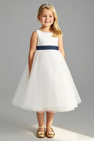 Akaks Blythe Flower Girl Dress Navy A-Line Scoop Neck Tea Length Tulle Dress with Detachable Bow Image918446