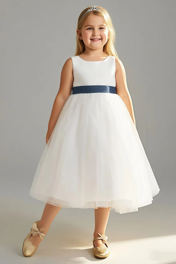 Akaks Blythe Flower Girl Dress Neptune A-Line Scoop Neck Tea Length Tulle Dress with Detachable Bow Image420553