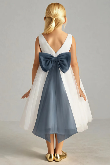 Akaks Blythe Flower Girl Dress Neptune A-Line Scoop Neck Tea Length Tulle Dress with Detachable Bow Image957088