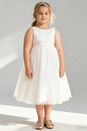 Akaks Blythe Flower Girl Dress Off White A-Line Scoop Neck Tea Length Tulle Dress with Detachable Bow Image676065
