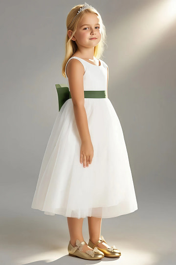 Akaks Blythe Flower Girl Dress Olive Green A-Line Scoop Neck Tea Length Tulle Dress with Detachable Bow Image189856