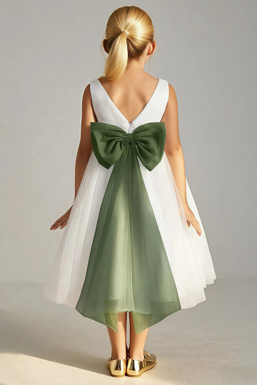 Akaks Blythe Flower Girl Dress Olive Green A-Line Scoop Neck Tea Length Tulle Dress with Detachable Bow Image882995