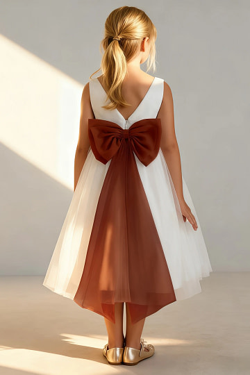 Akaks Blythe Flower Girl Dress Paprika A-Line Scoop Neck Tea Length Tulle Dress with Detachable Bow Image877165